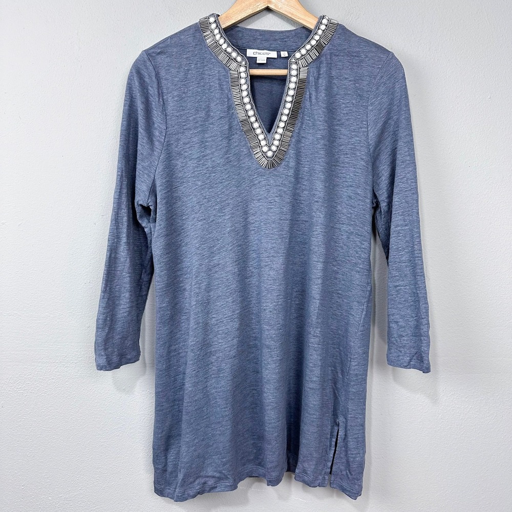 Chico's Linen Tunic Top Size M Slate Gray Blue Beaded V Neck Knit Coastal Artsy‎